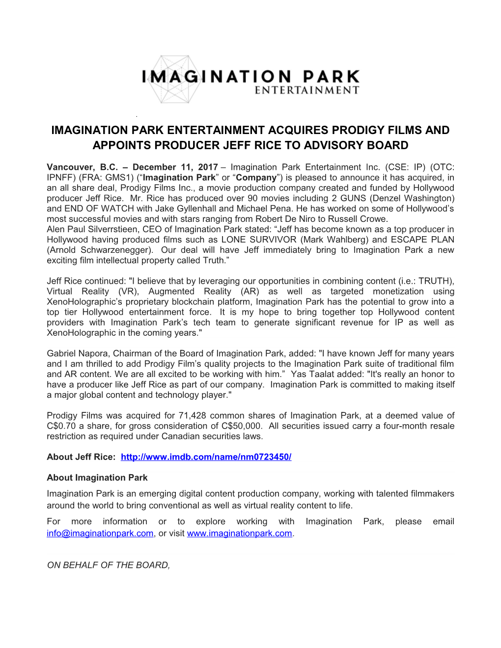 Imagination Park Entertainment Acquires Prodigy Films and Appoints Producer Jeff Rice