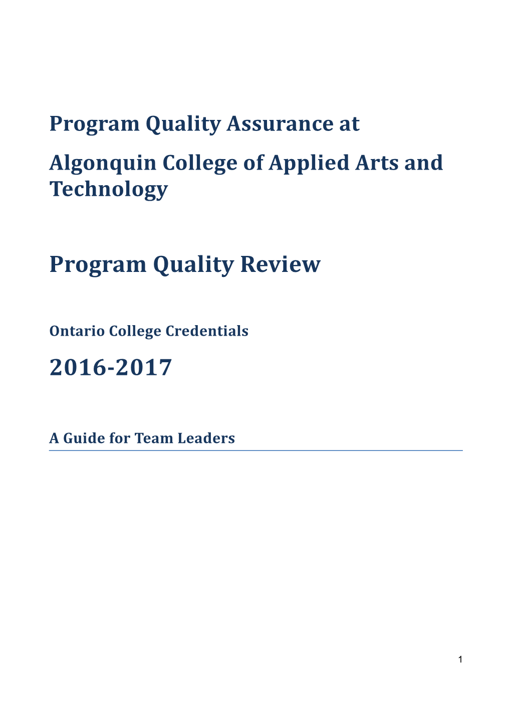 Program Quality Assurance at Algonquin College of Applied Arts and Technology