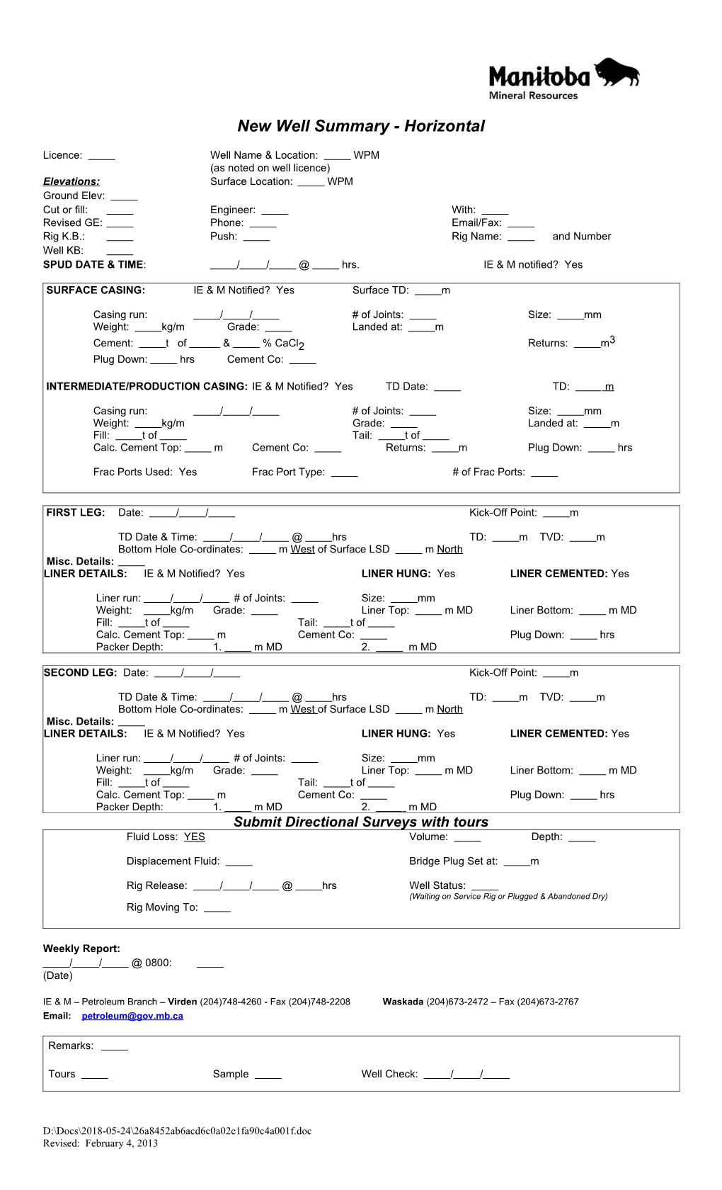 New Well Summary - Horizontal