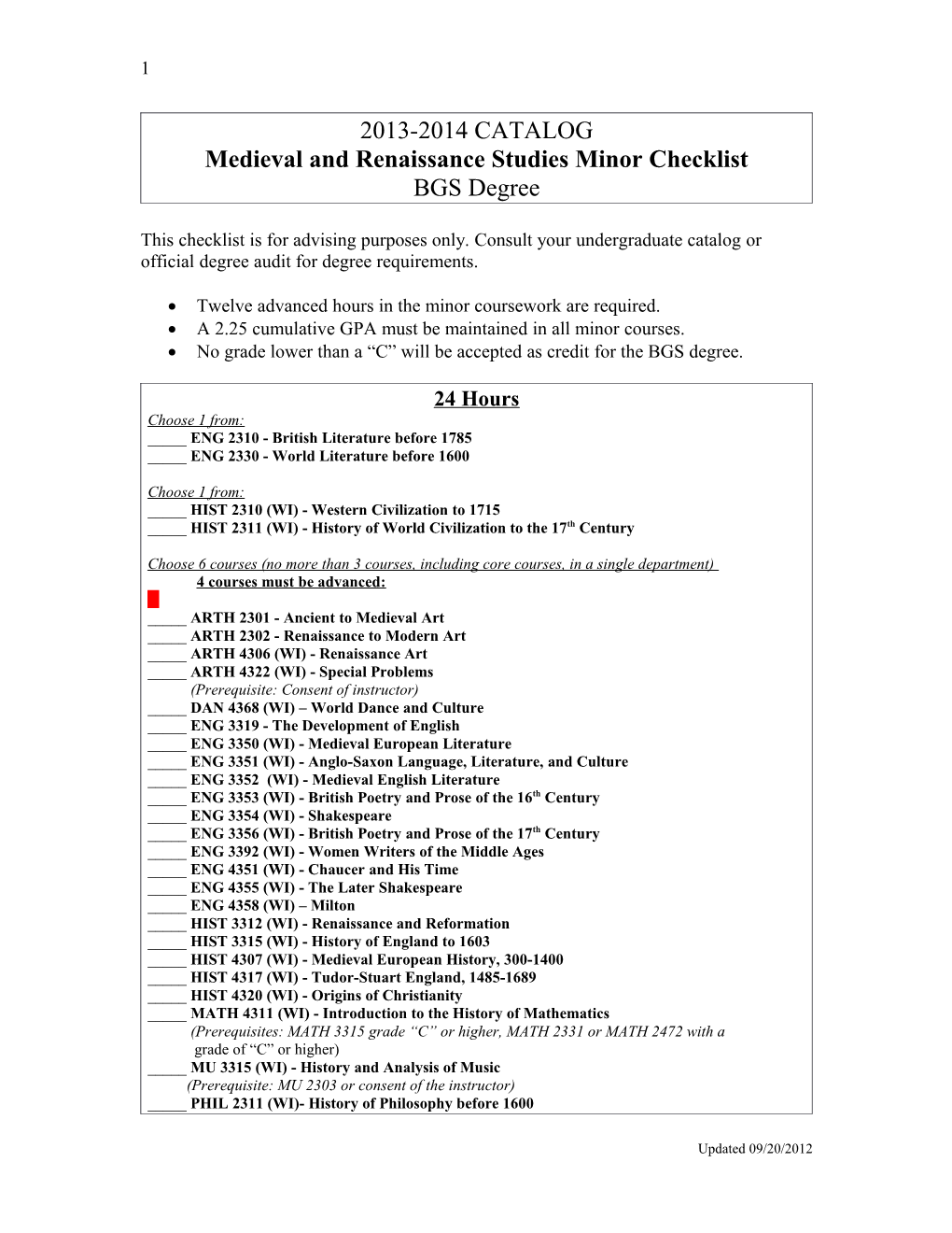 Medieval and Renaissance Studies Minor Checklist