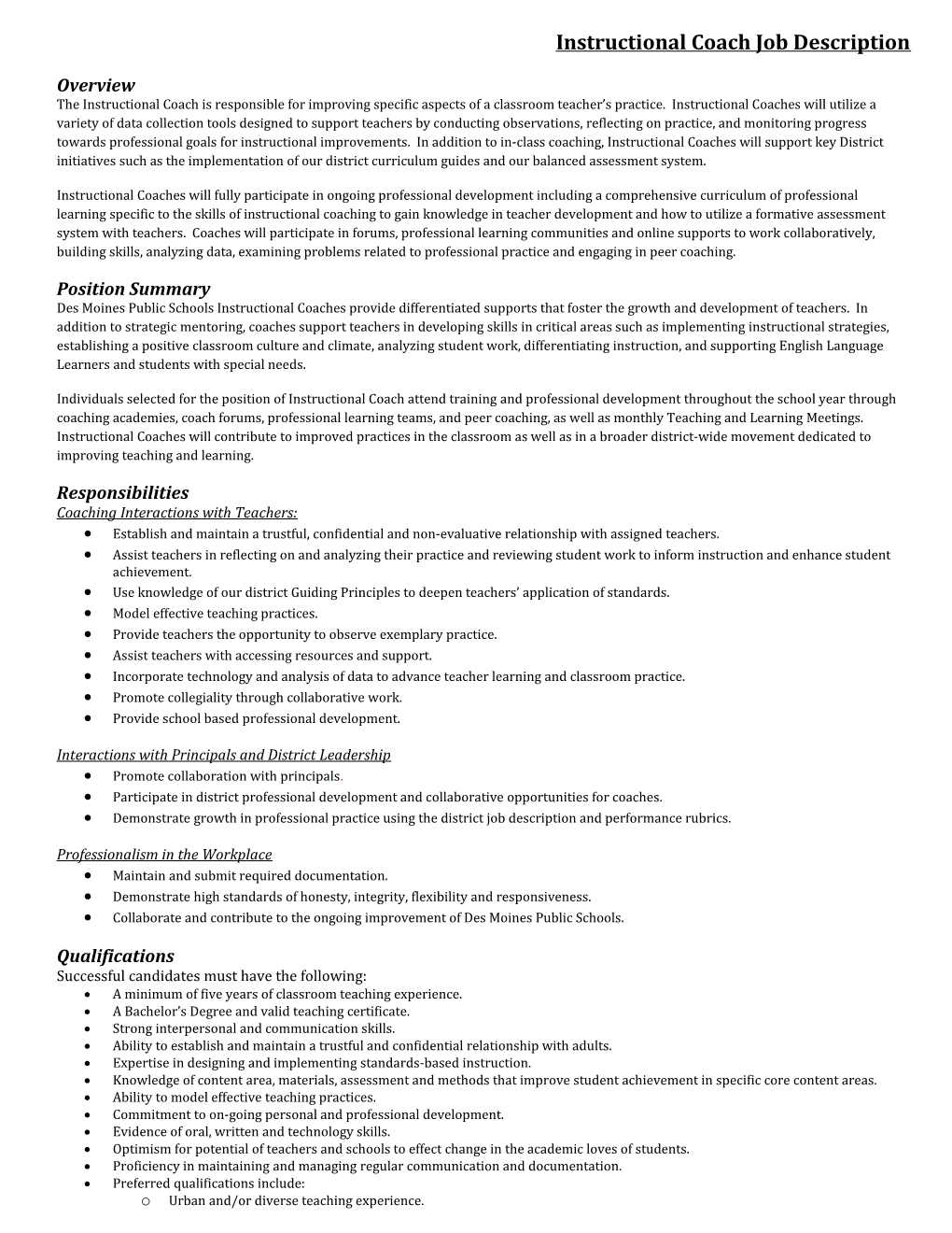 Instructional Coach Job Description