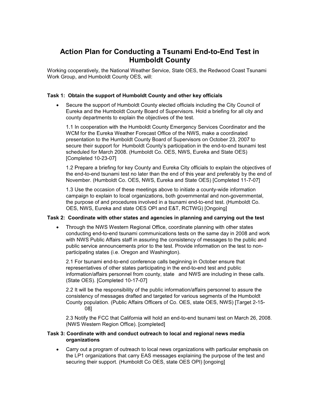 Draft Implementation Plan for Conducting a Tsunami End-To-End Test in Humboldt County