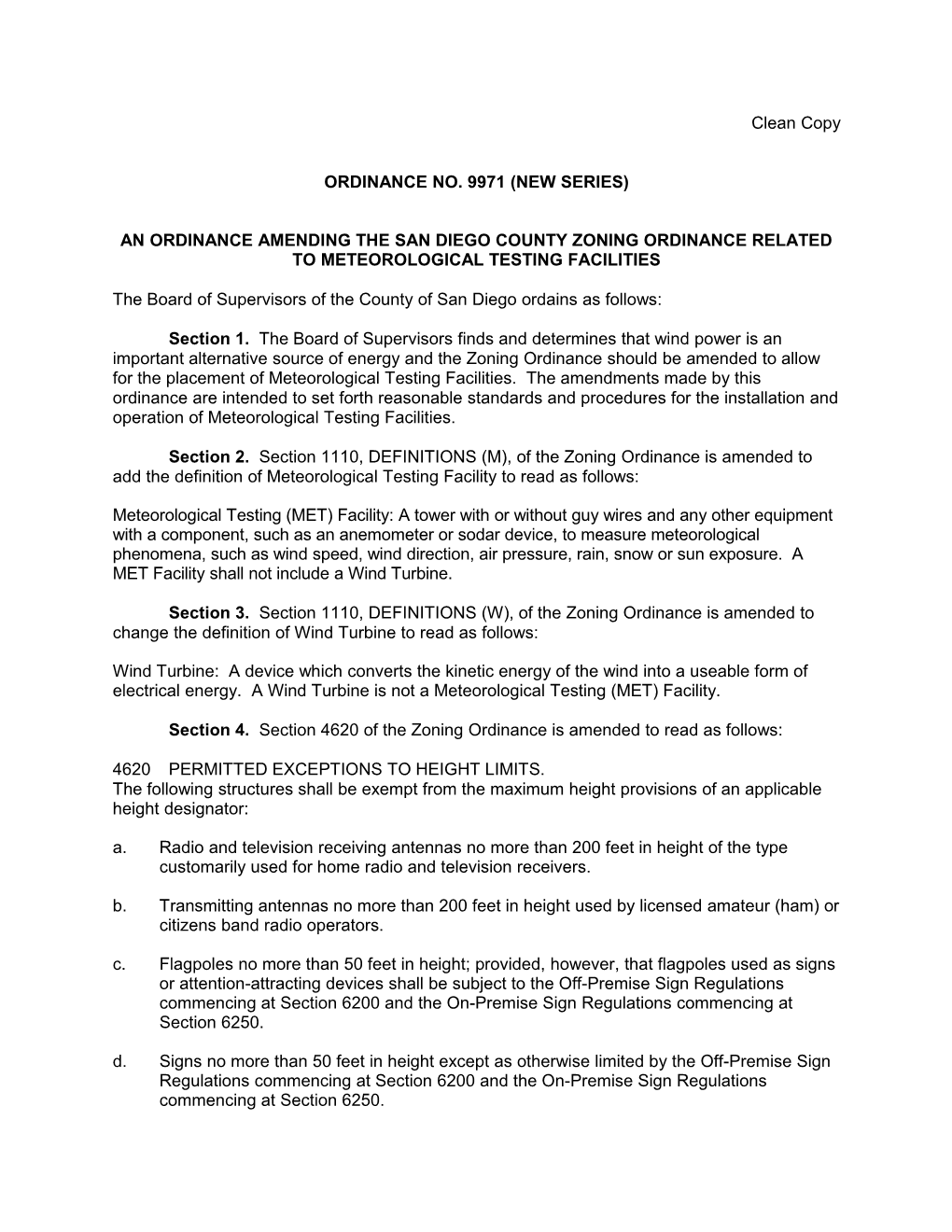 An Ordinance Amending the San Diegocountyzoning Ordinance Related to Meteorological Testing