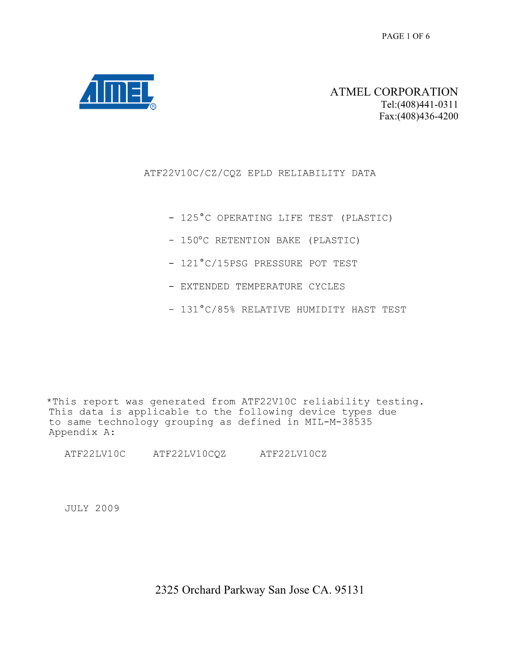 At-22V10b Epld Reliability Data