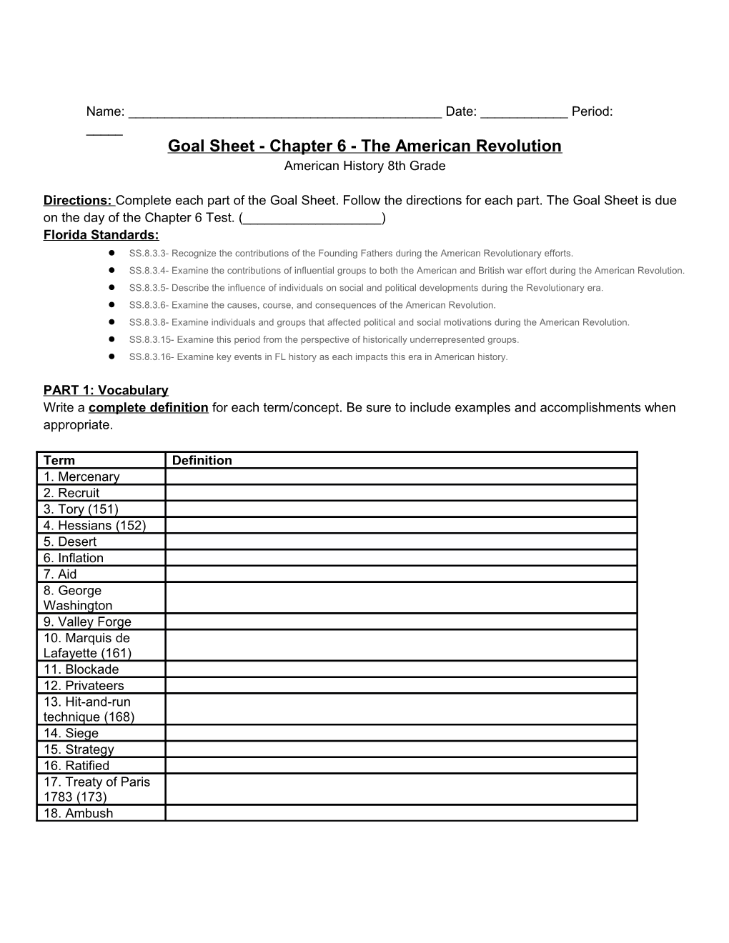 Goal Sheet - Chapter 6 - the American Revolution