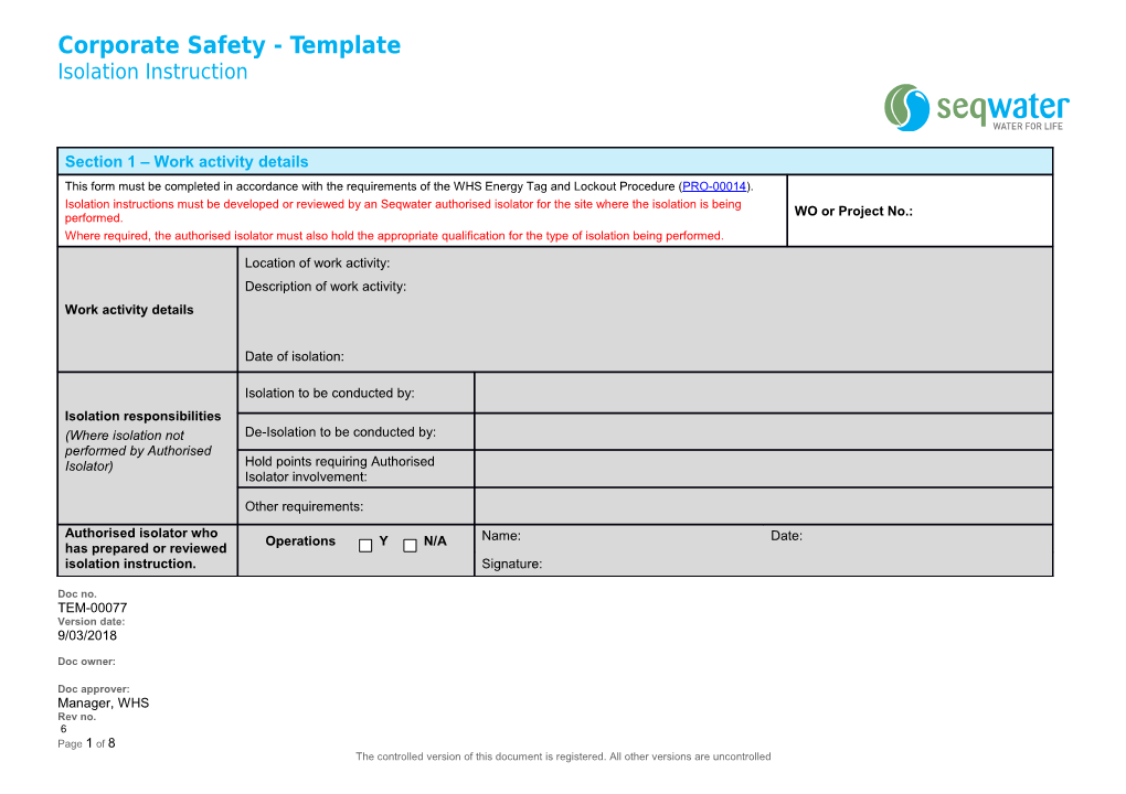 Corporate Safety - Isolation Instruction Template