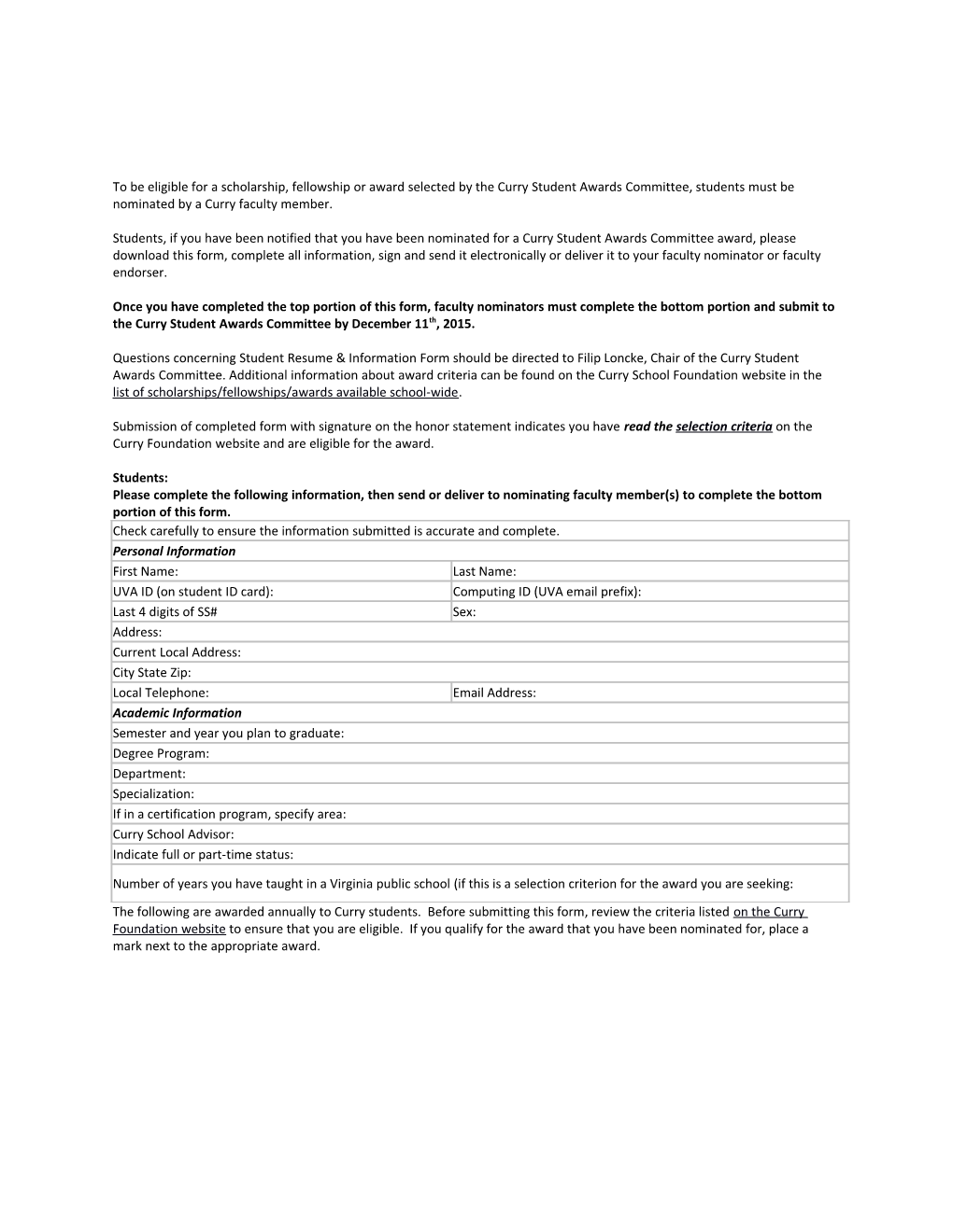 Student Resume & Information Form