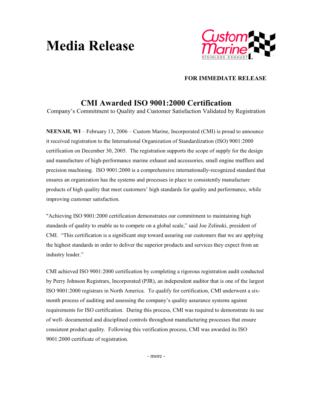 CMI Awarded ISO 9001:2000 Certification