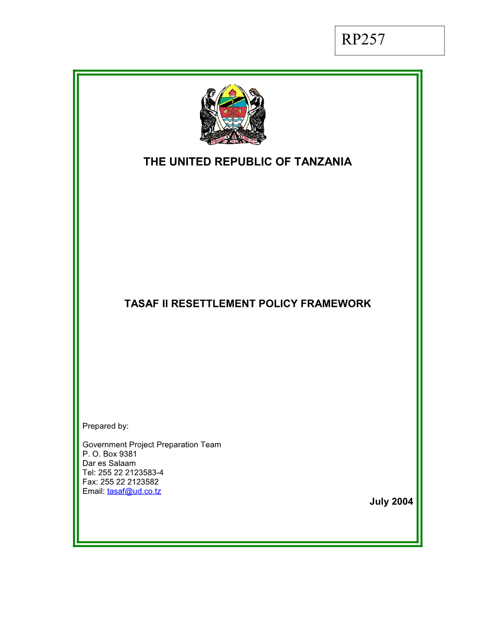 Table of Contents for Resettlement Policy Frame Work