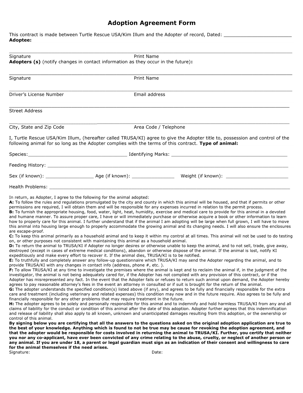 Adoption Agreement Form