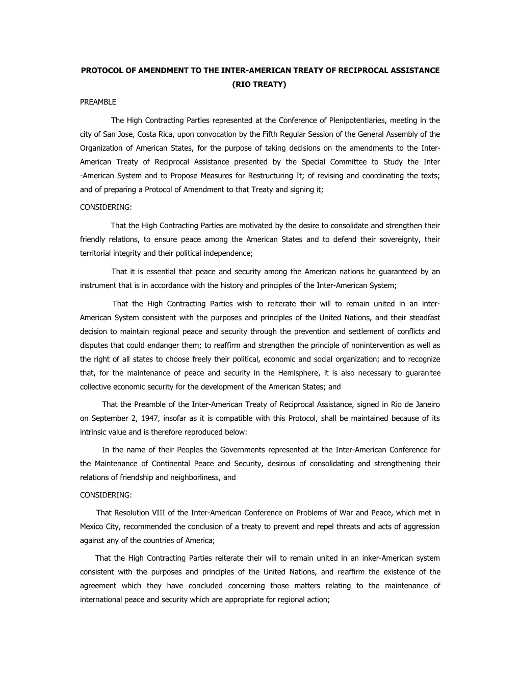 Protocol of Amendment to the Inter-American Treaty of Reciprocal Assistance (Rio Treaty)