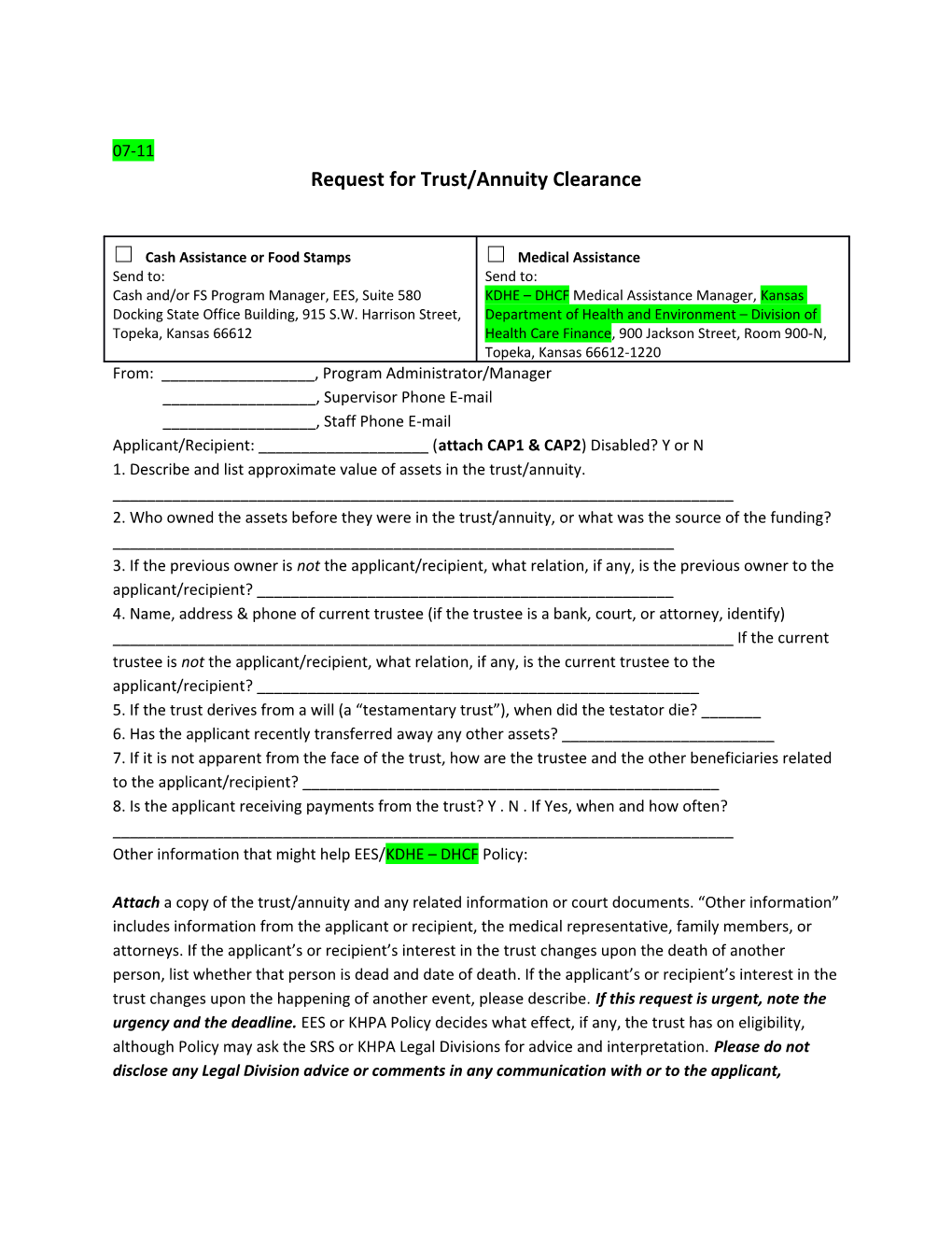 07-11 Request for Trust/Annuity Clearance