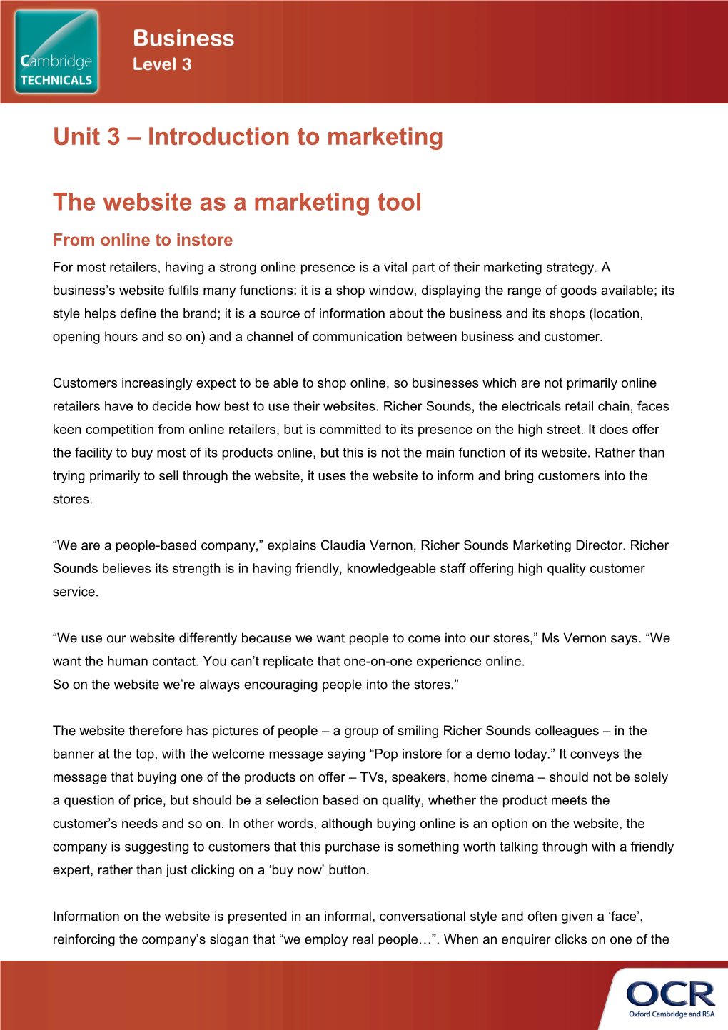 OCR Cambridge Technicals in Business Lesson Element - Level 3 Unit 3 Case Study: the Website