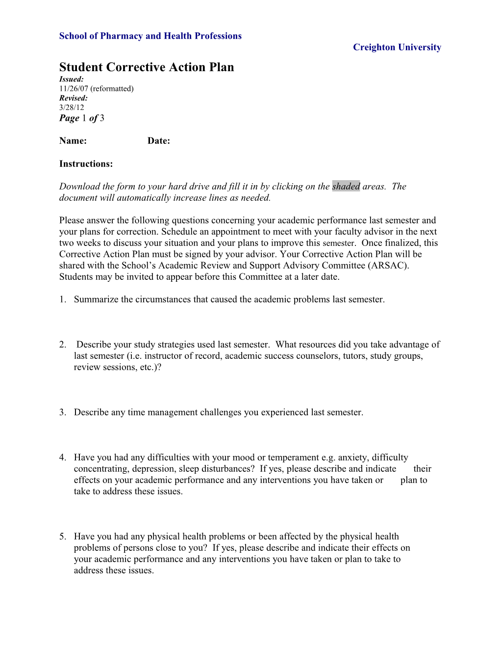 Self Assessment and Corrective Action Plan