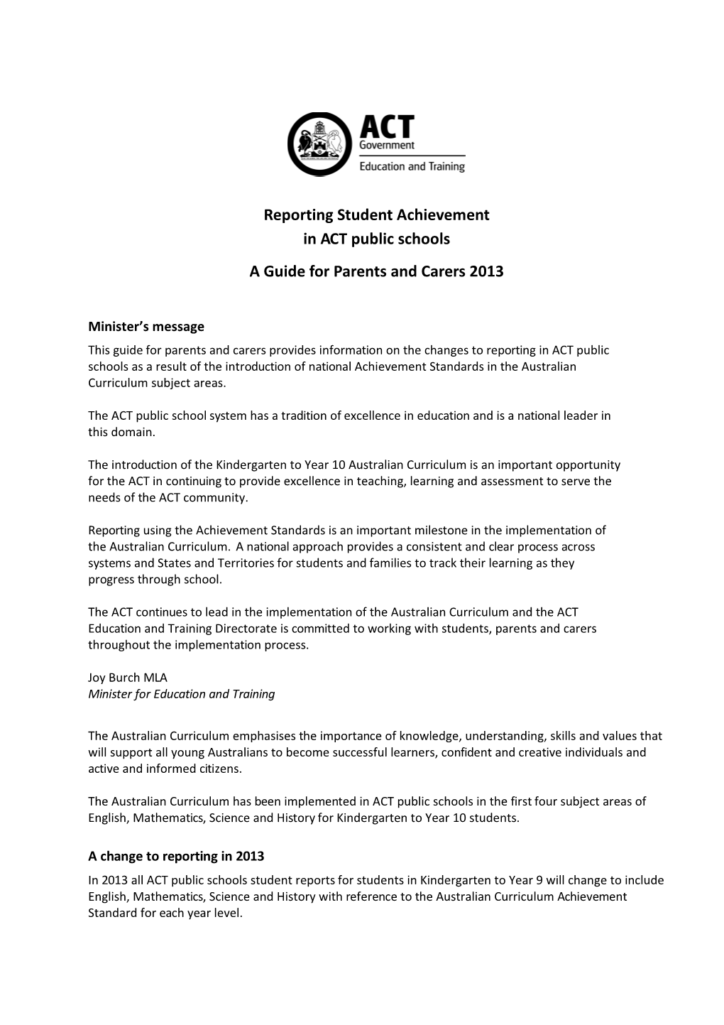 Reporting Student Achievement in ACT Public Schools a Guide for Parents and Carers 2013