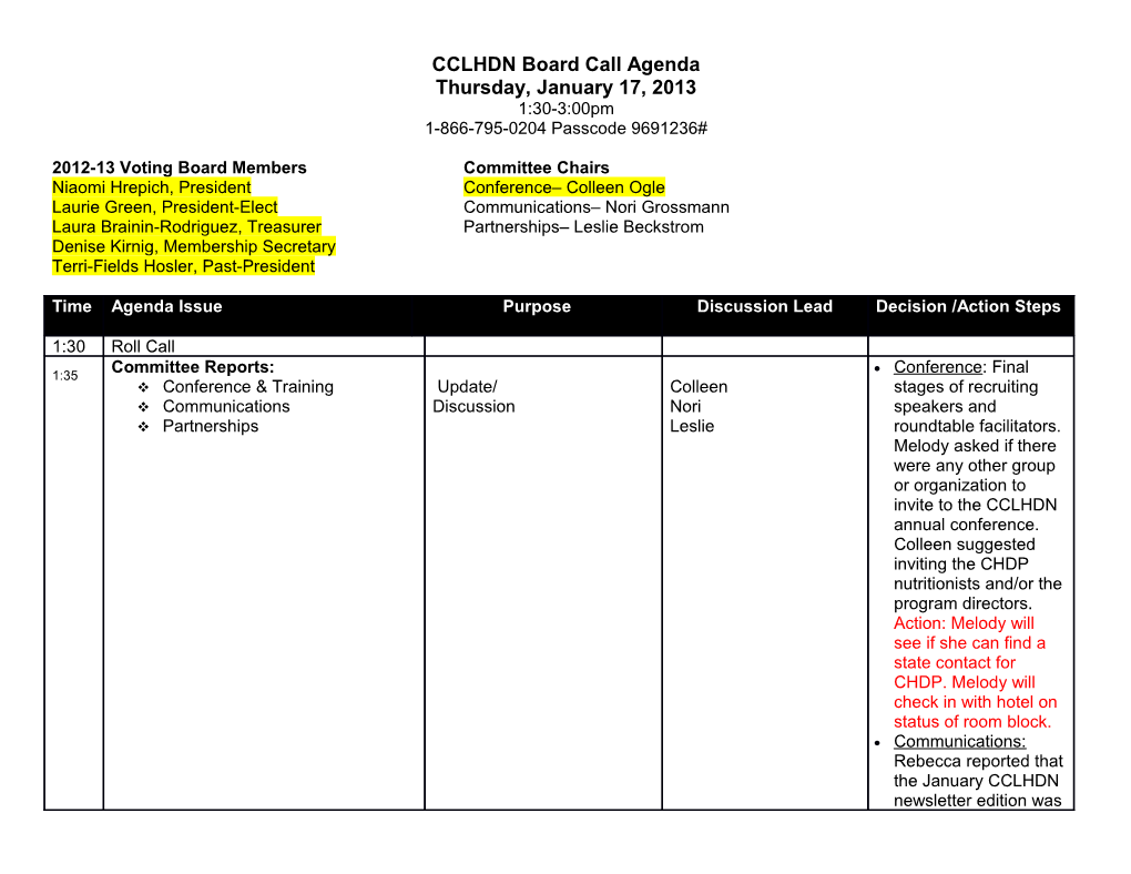 CCLHDN Board Call Agenda