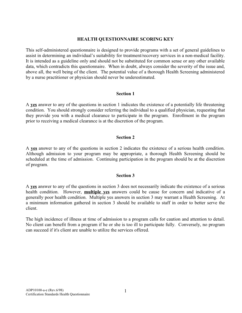 Health Questionnaire Scoring Key s1