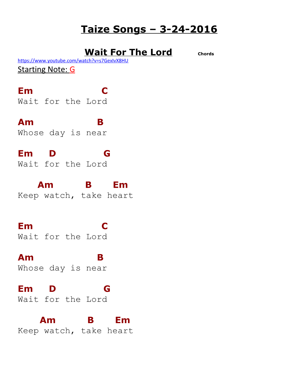 Wait for the Lord Chords