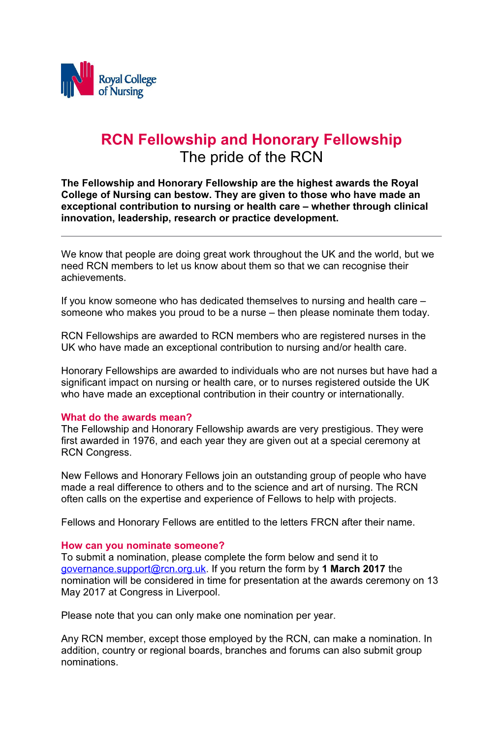 RCN Fellowship and Honorary Fellowship