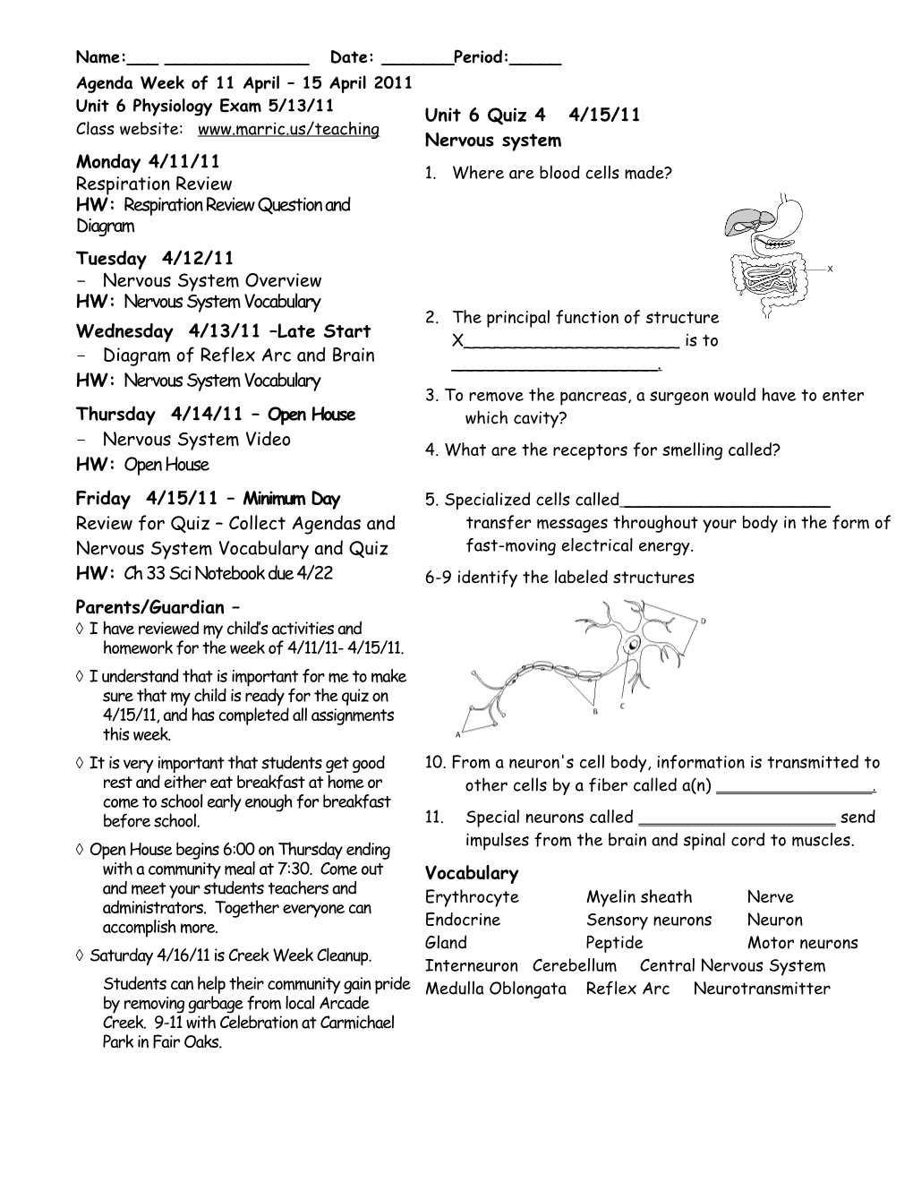 Class Agenda Week of 11-15 April 2011