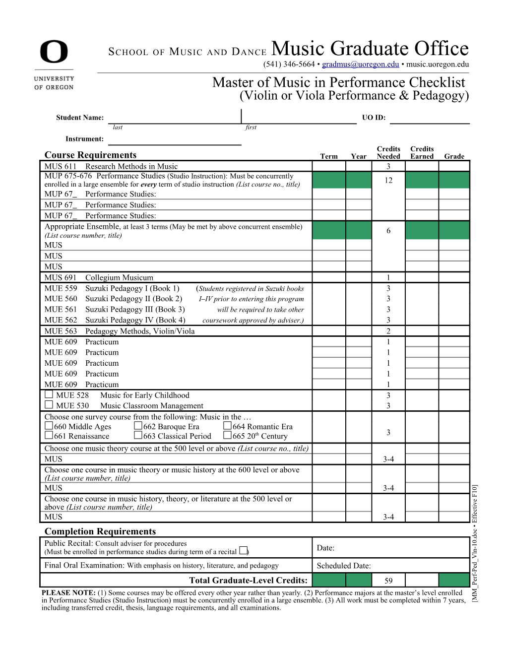 Master of Music in Performance Checklist