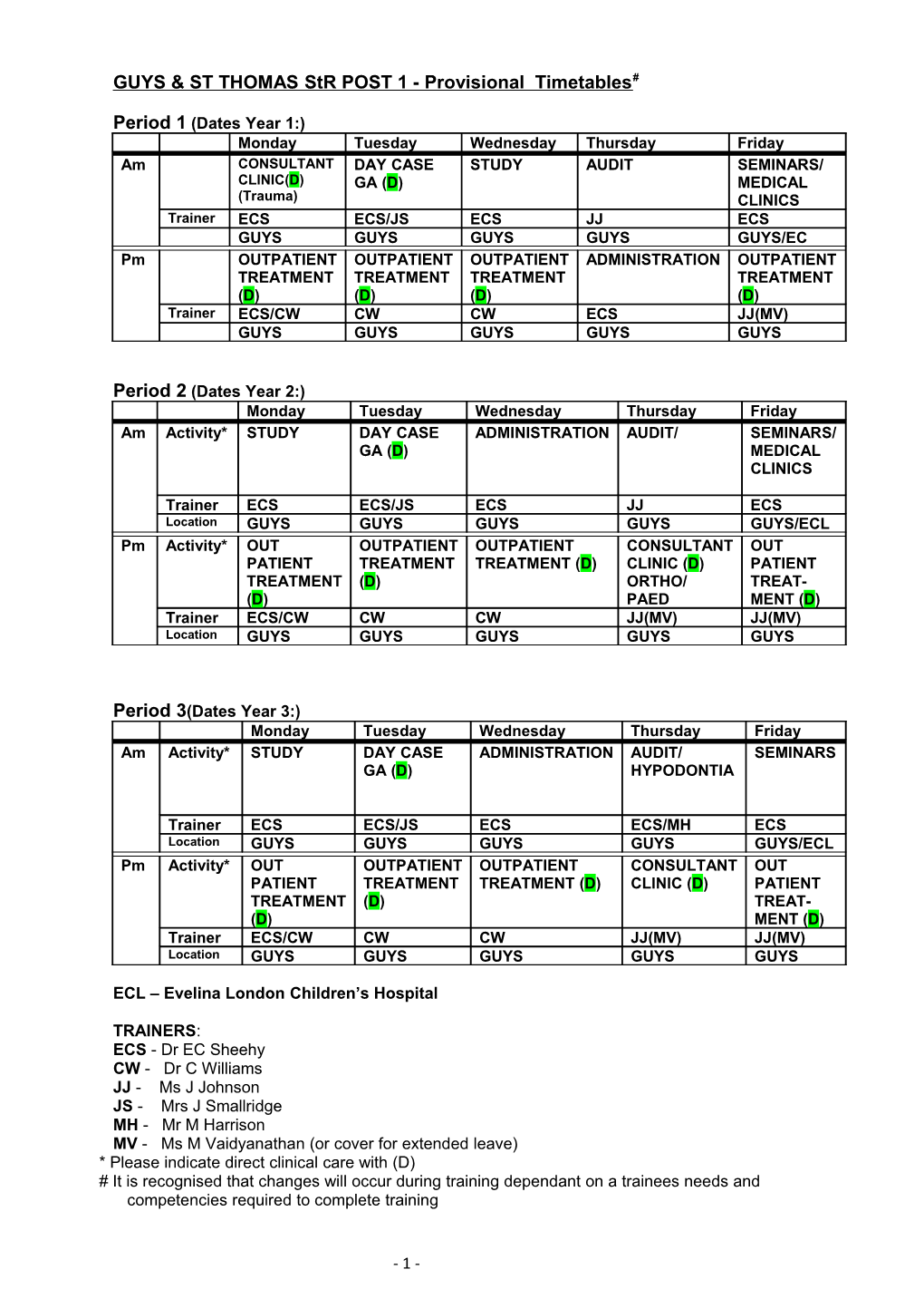 GUYS & ST THOMAS Str POST 1 - Provisional Timetables