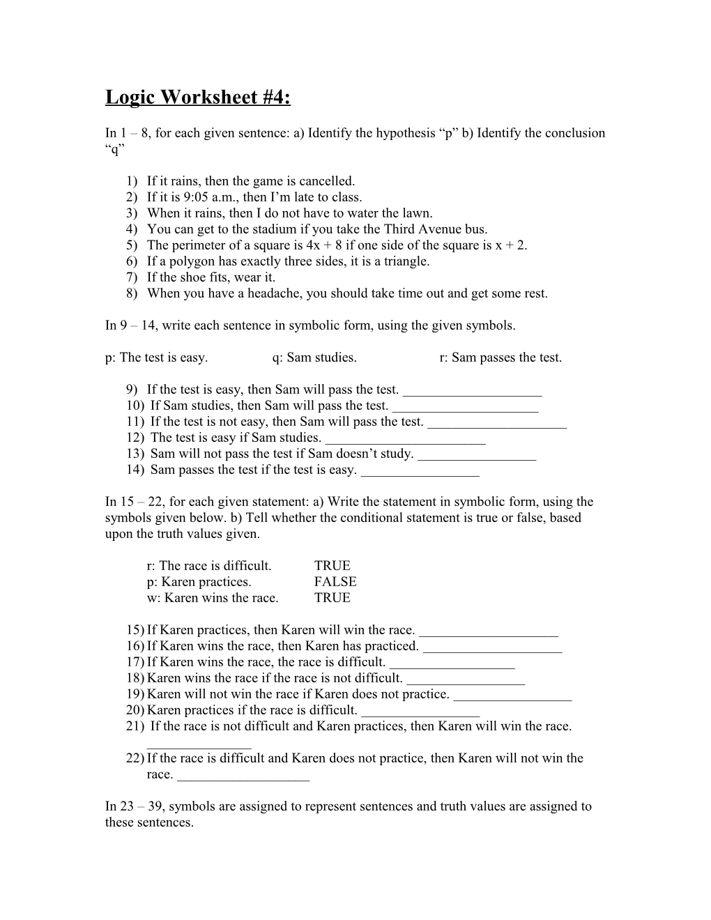 Logic Worksheet #4