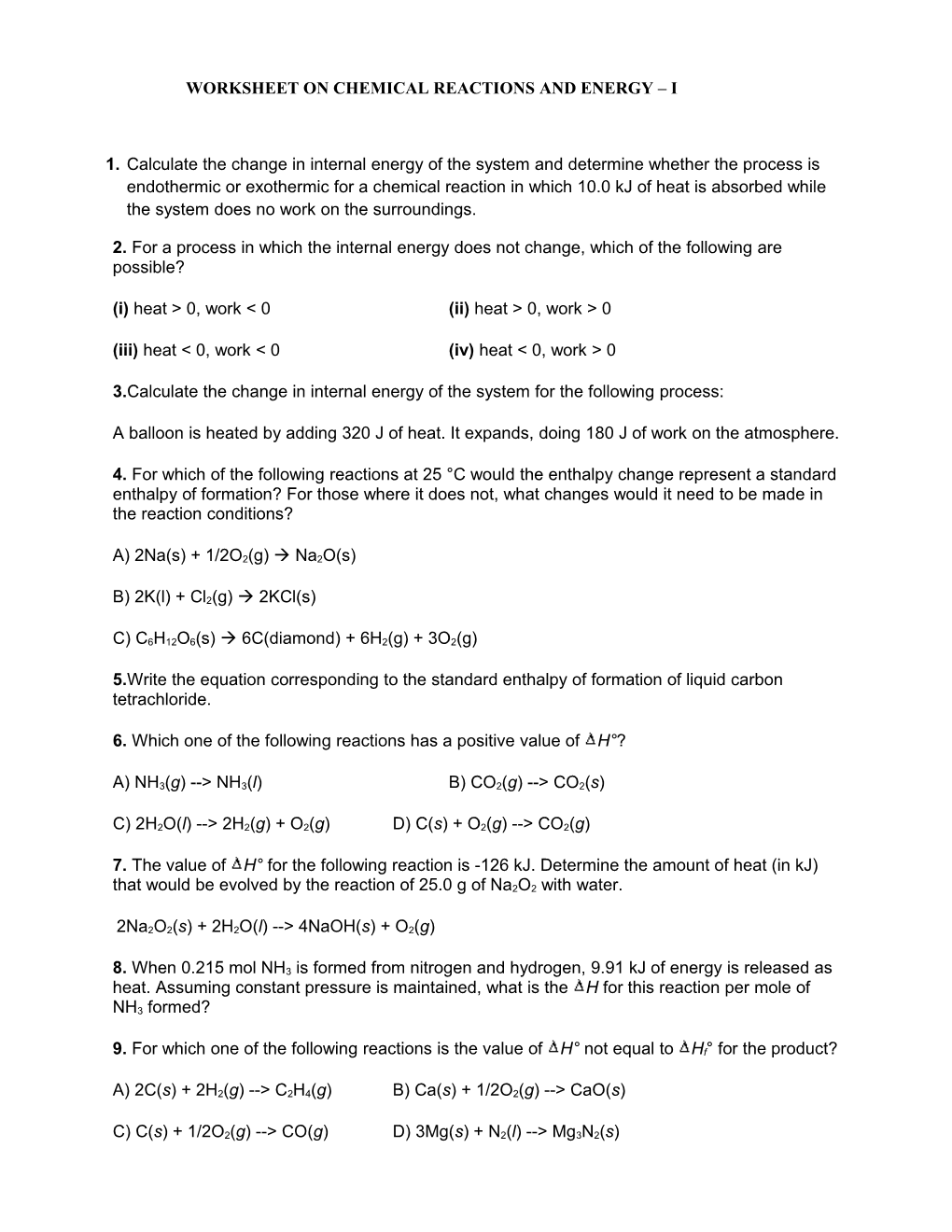 Worksheet on Chemical Reactions and Energy I