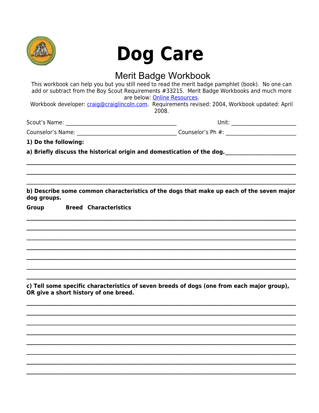 Dog Care P. 7 Merit Badge Workbook Scout's Name: ______