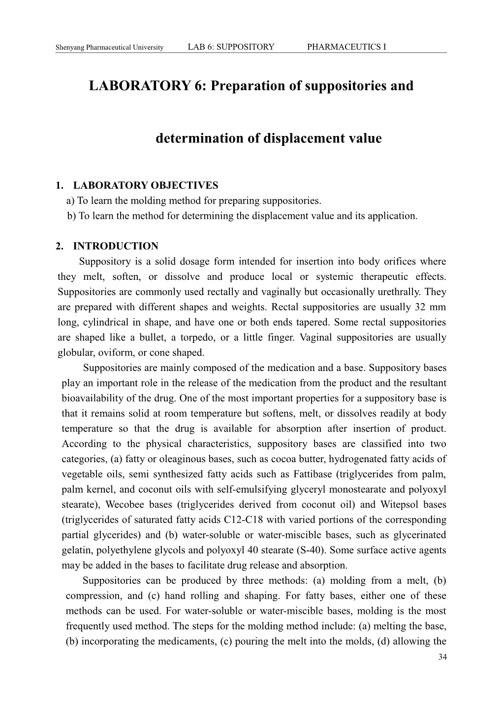 LABORATORY 6: Preparation of Suppositories and Determination of Displacement Value