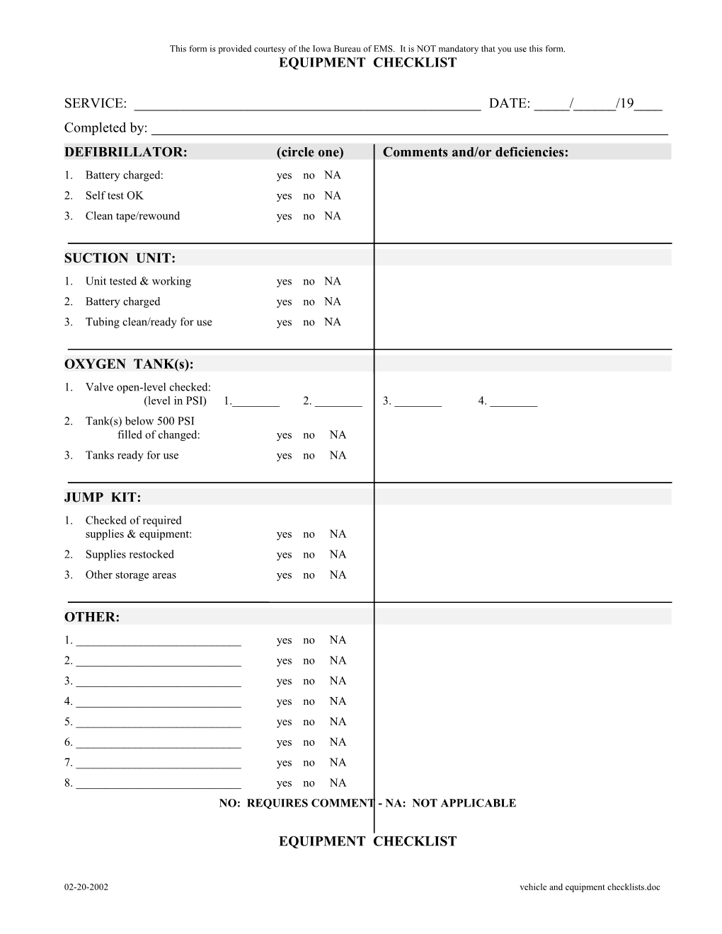 Equipment Checklist