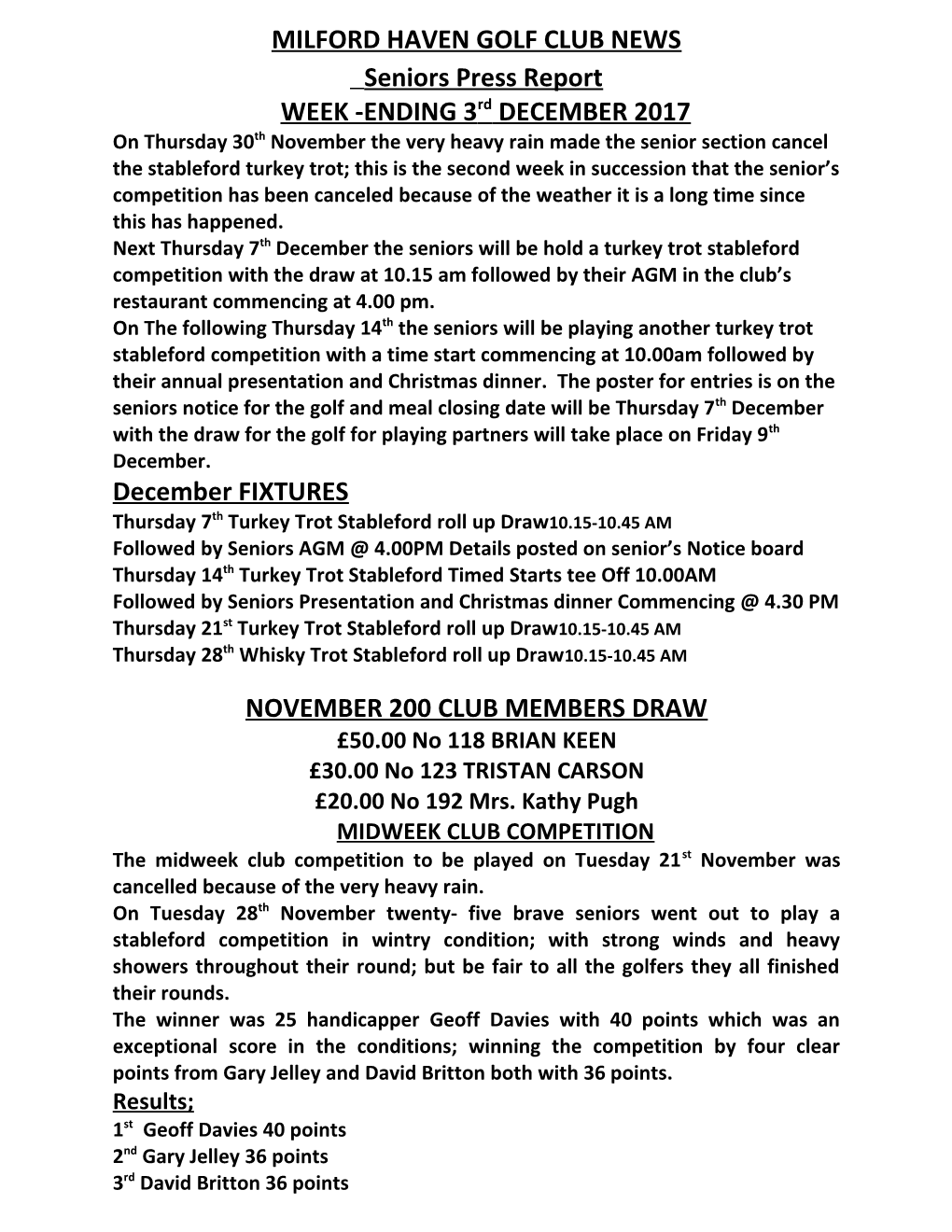 Milford Haven Golf Club News