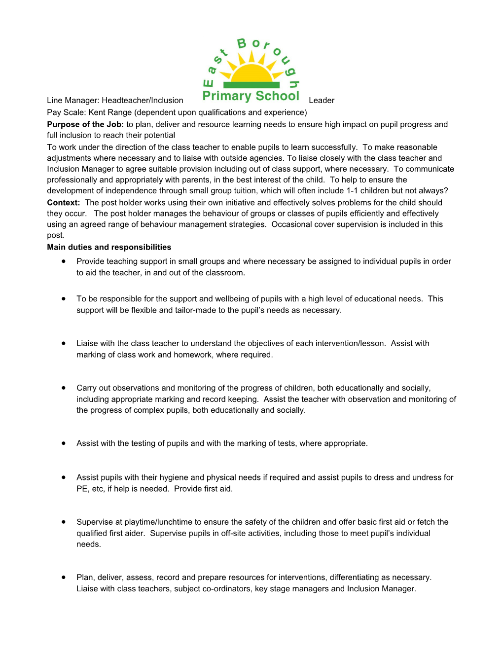 Line Manager: Headteacher/Inclusion Leader