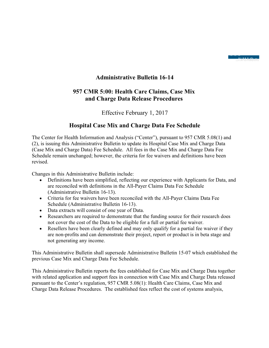 957 CMR 5:00: Health Care Claims, Case Mix