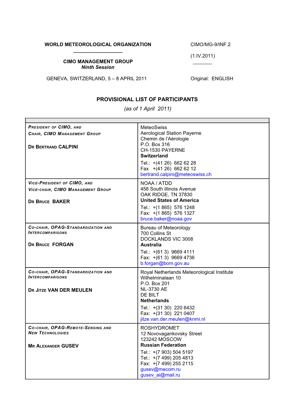 Provisional List of Participants