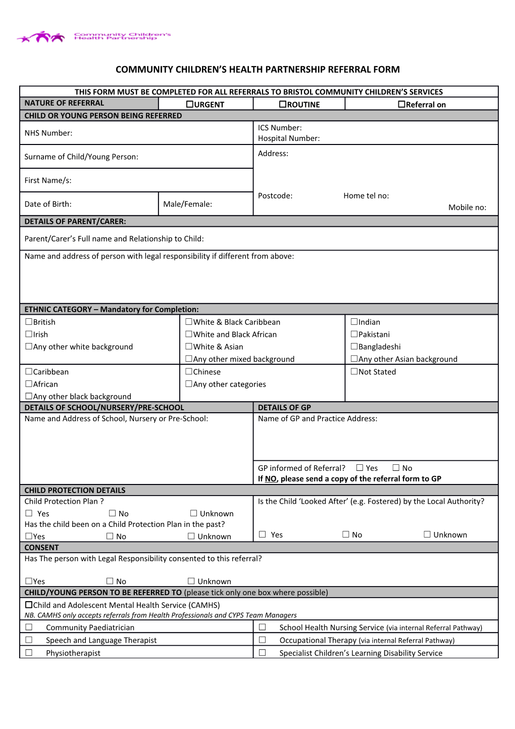 Community Children S Health Partnership Referral Form