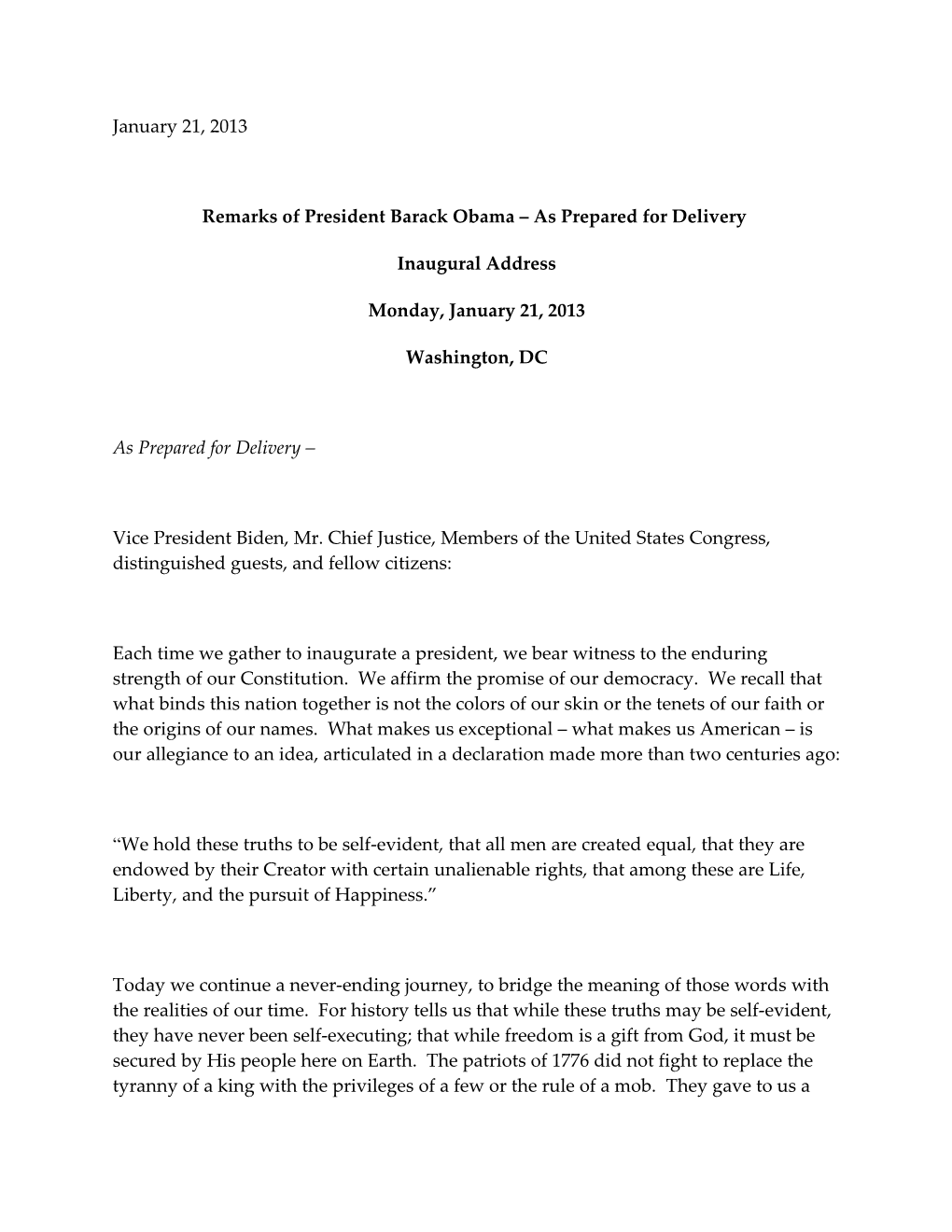 Remarks of President Barack Obama As Prepared for Delivery