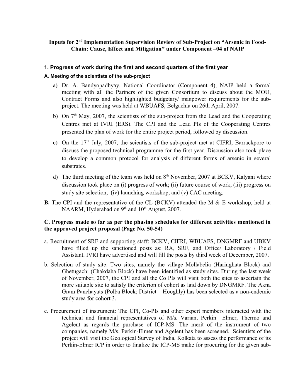 Progress Report of Sub-Project on Arsenic in Food-Chain: Cause, Effect and Mitigation Under