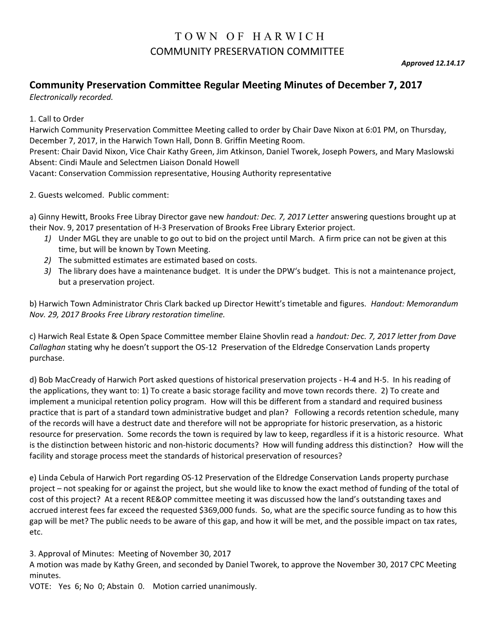Community Preservation Committee Regular Meeting Minutes of December 7, 2017