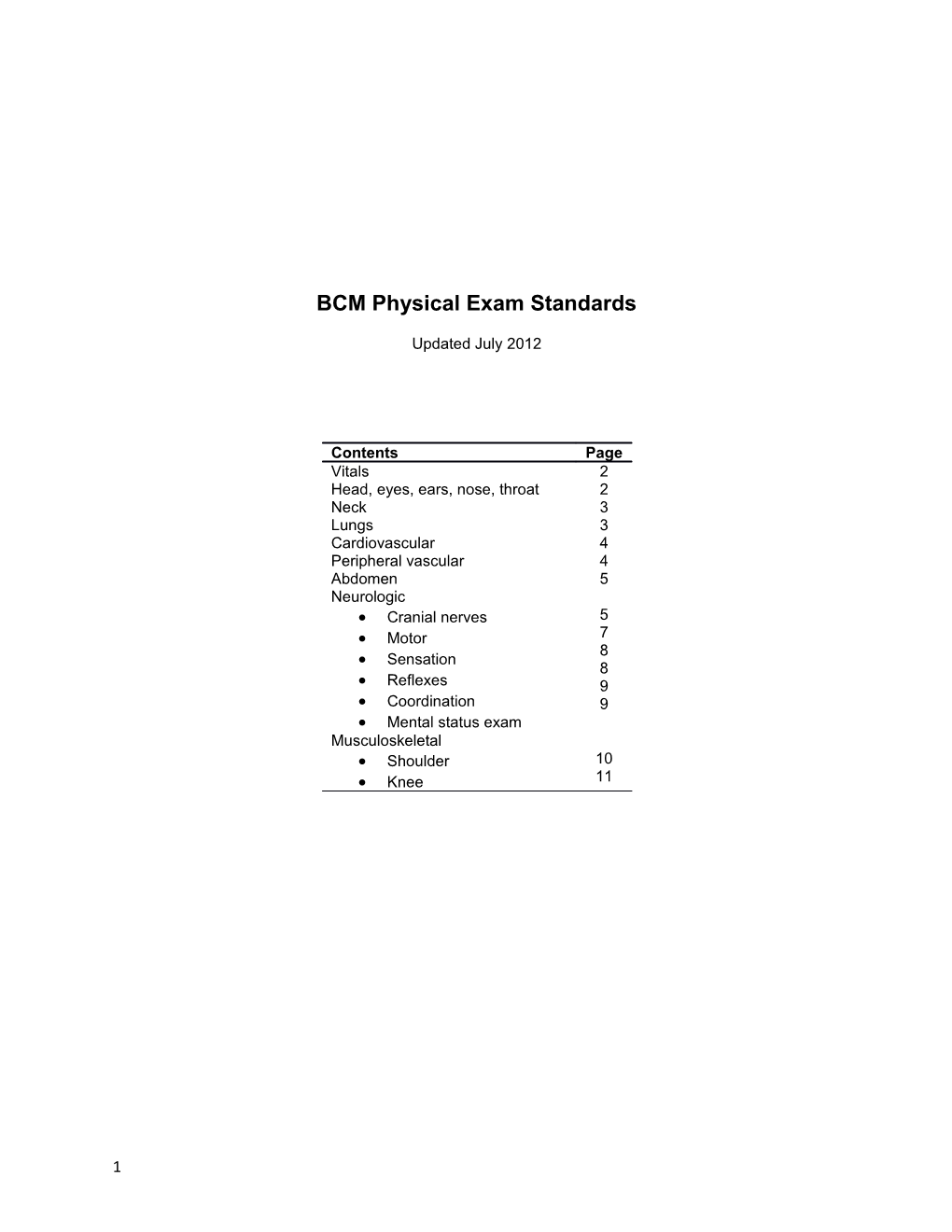 BCM Physical Exam Standards