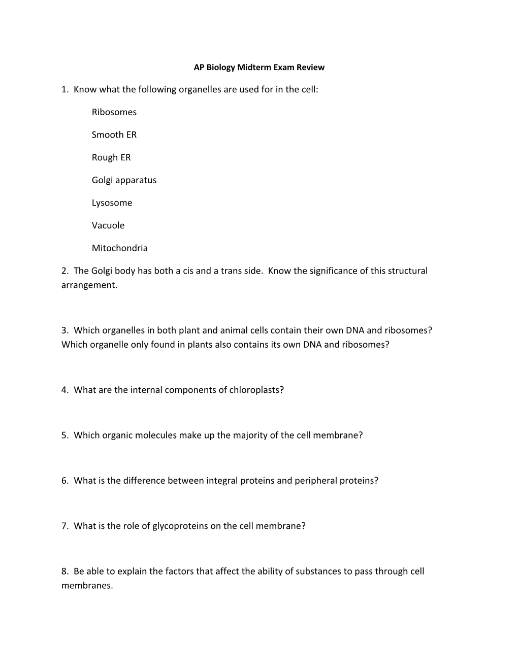 AP Biology Midterm Exam Review