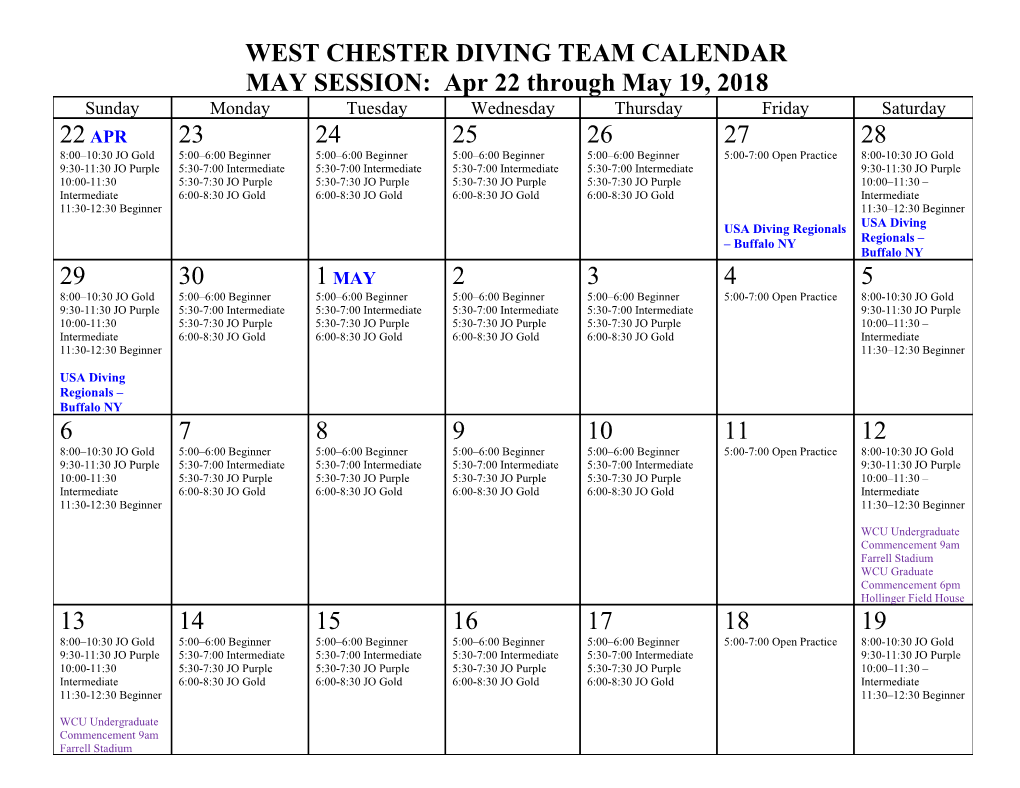 Rocky Run Diving Team Calendar