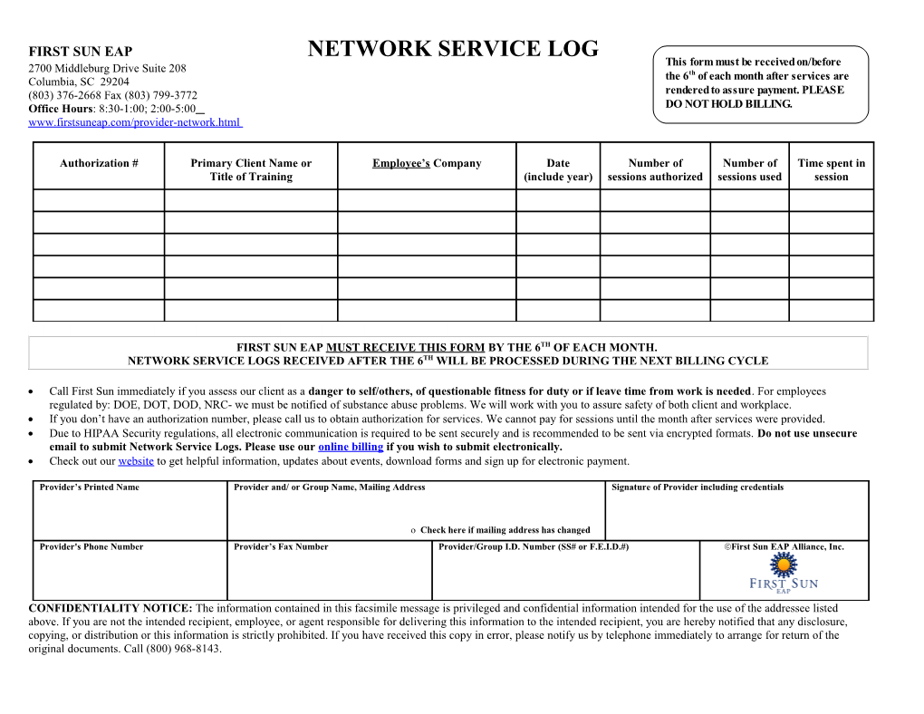 First Sun EAP Alliance, Inc. PLEASE COPY and KEEP ORIGINAL - SEND 2711 Middleburg Drive