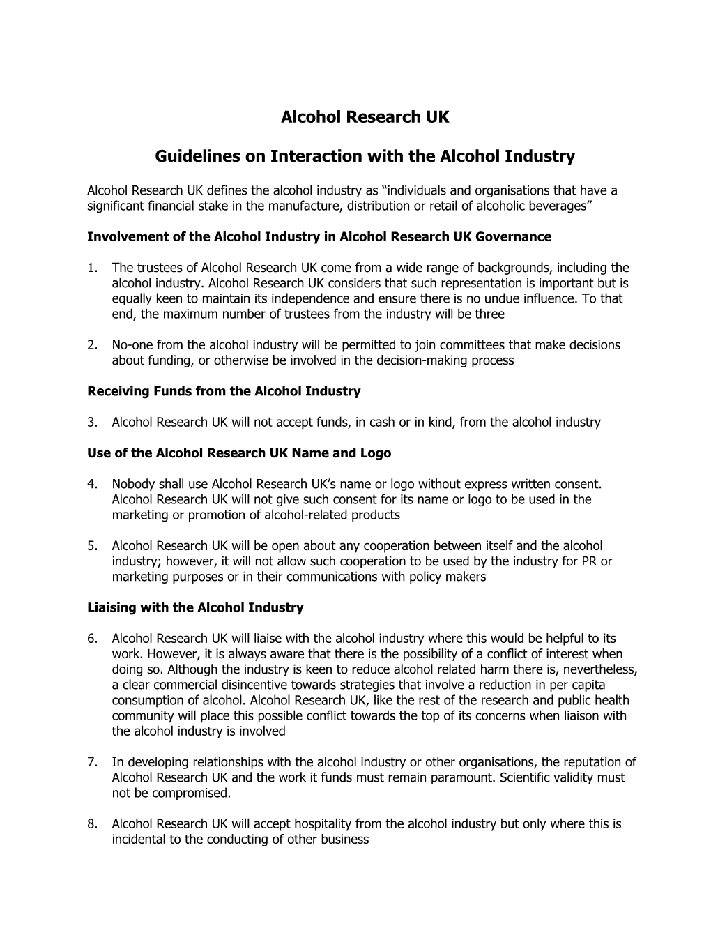 Guidelines on Interaction with the Alcohol Industry