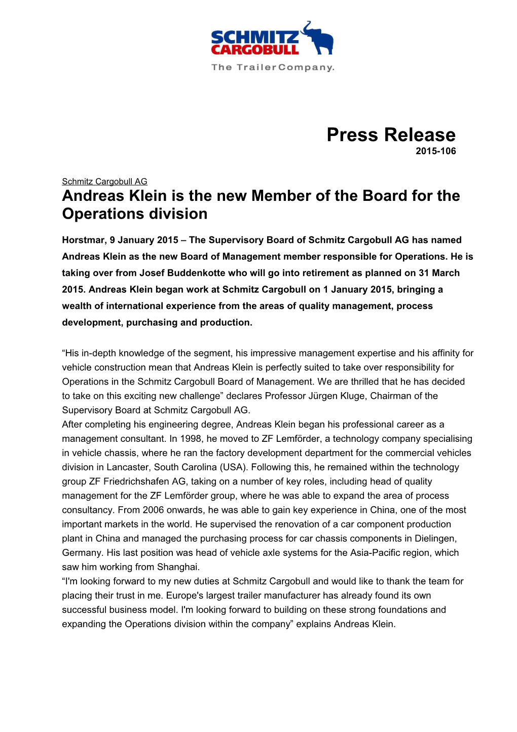 Andreas Klein Is the New Member of the Board for the Operations Division