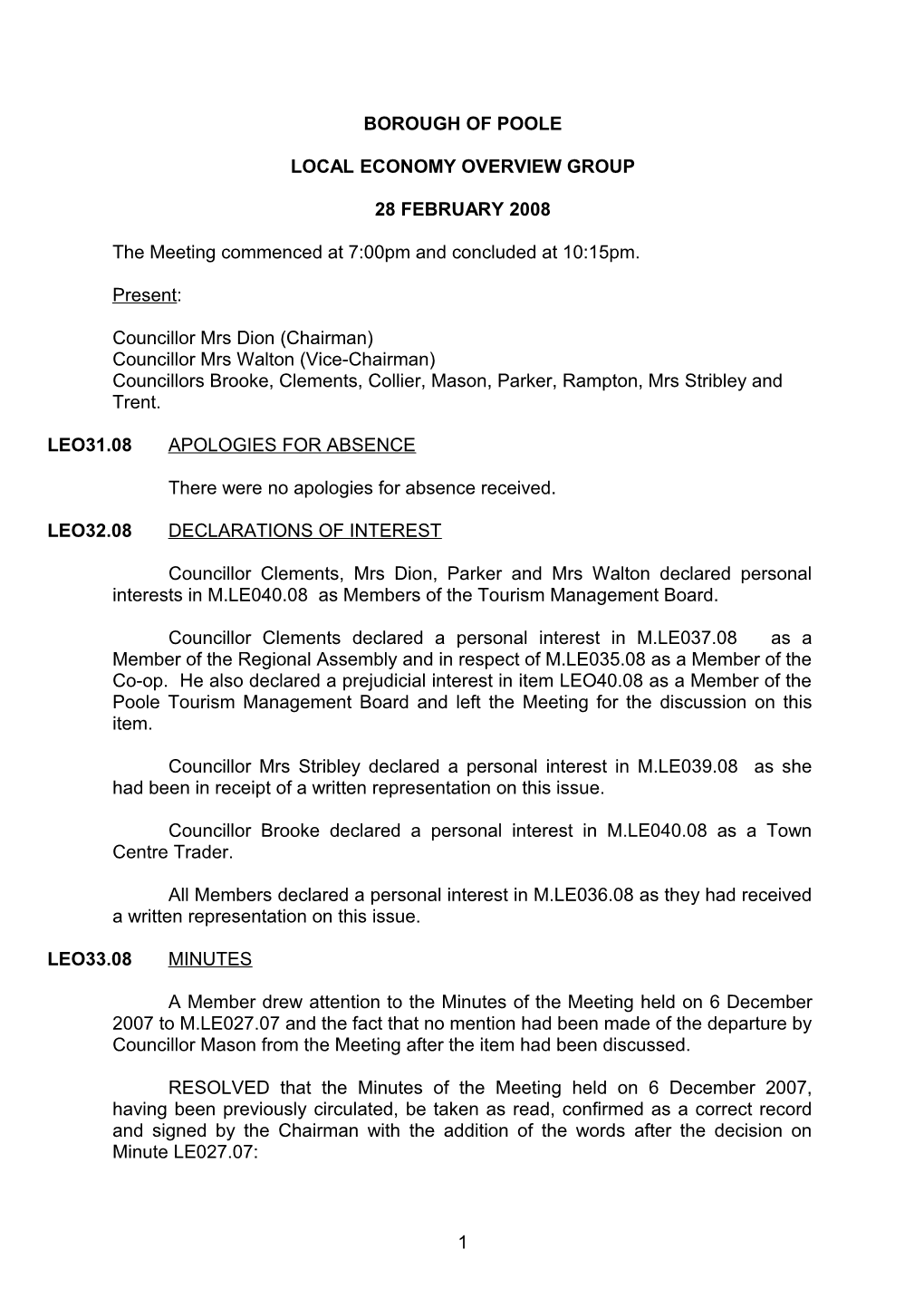 Minutes - Local Economy Overview Group - 28 February 2008
