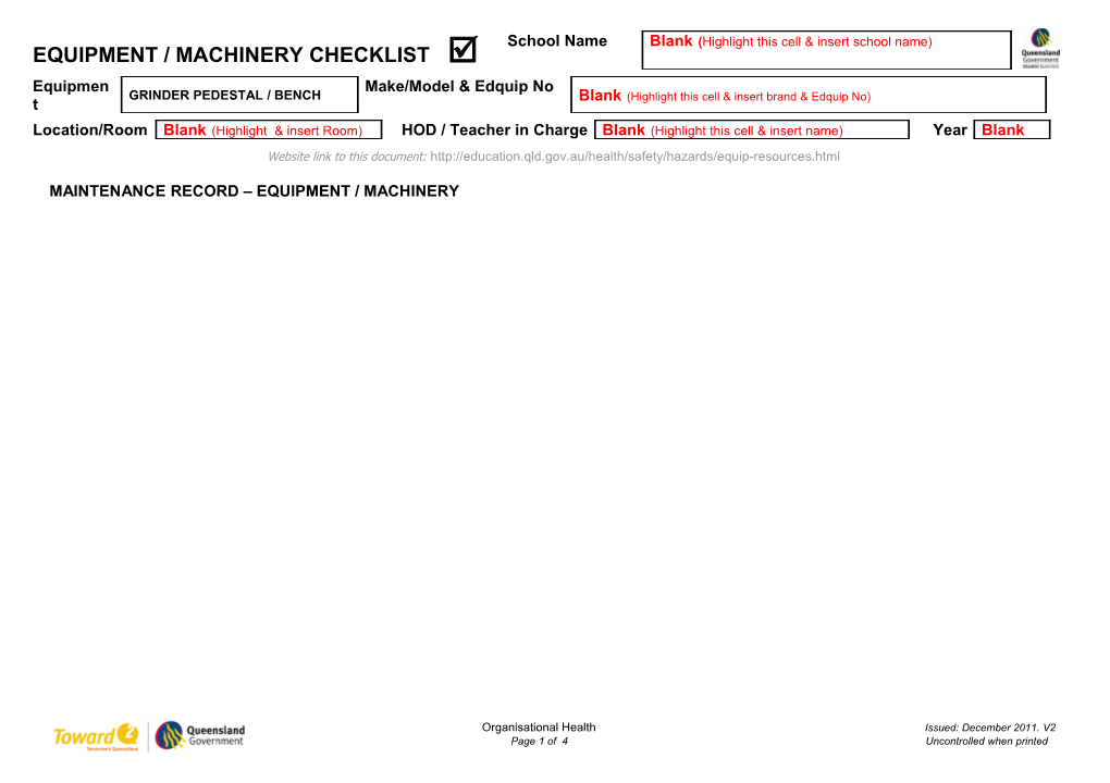 Maintenance Record Equipment / Machinery