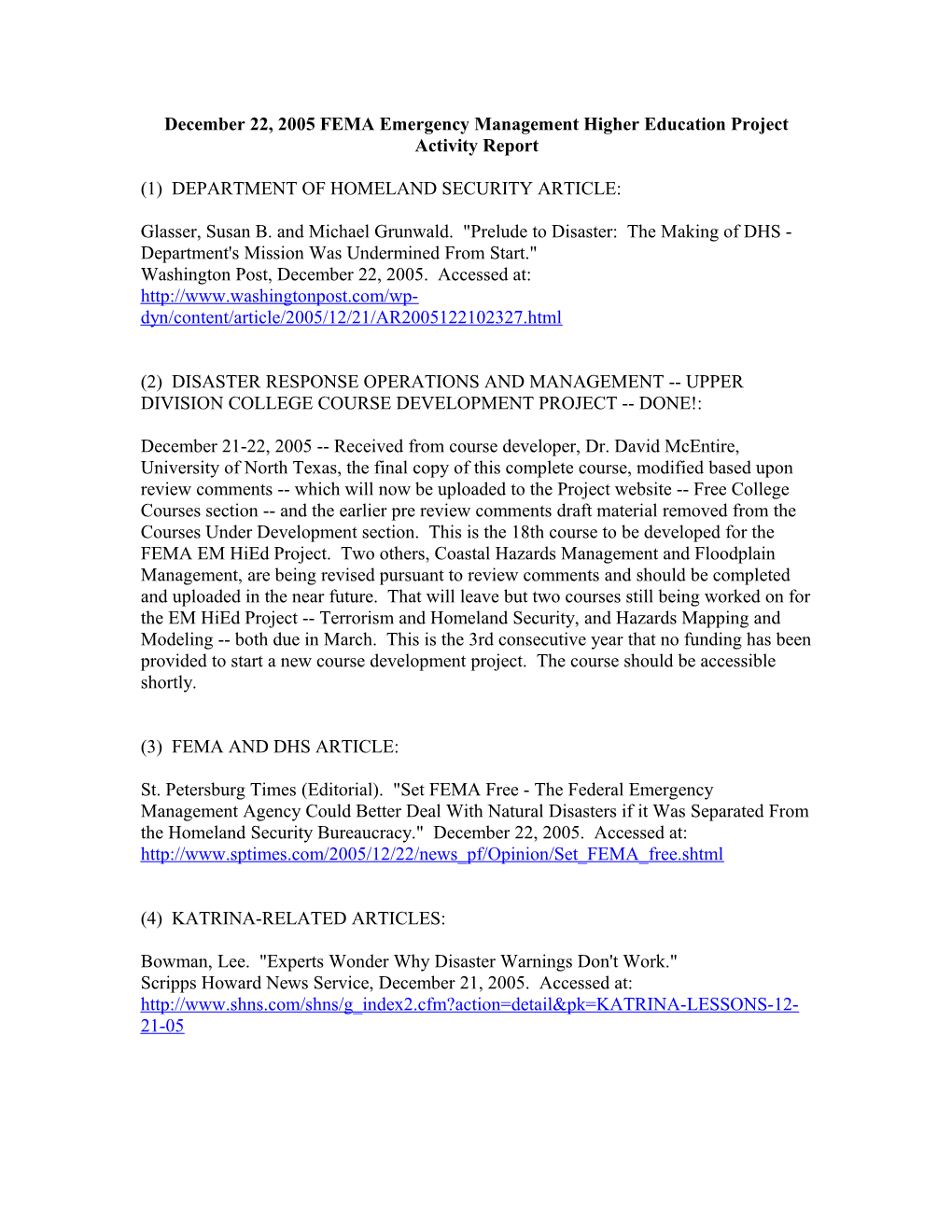 December 22, 2005 FEMA Emergency Management Higher Education Project Activity Report