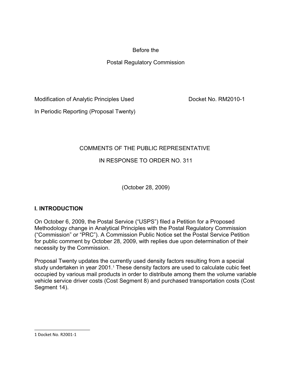 Modification of Analytic Principles Useddocket No. RM2010-1