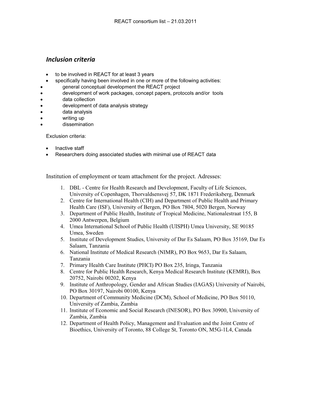REACT Consortium List 21.03.2011